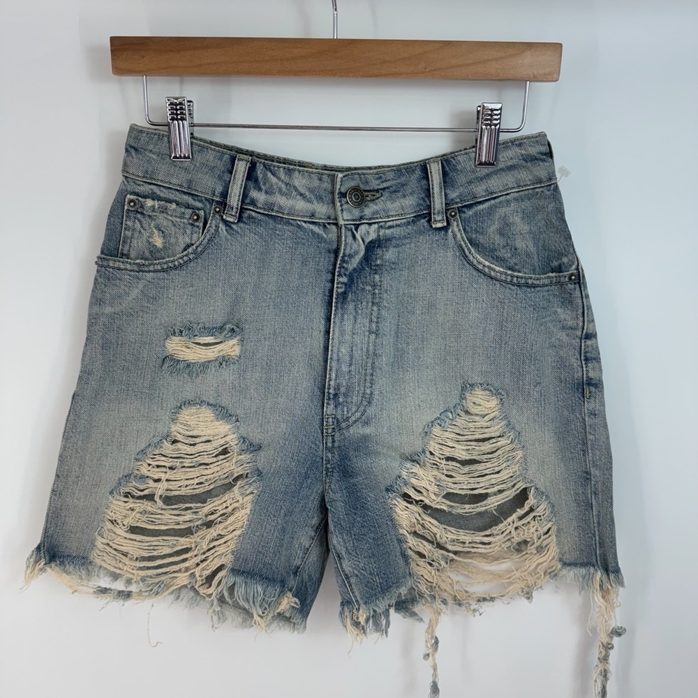 SEROYA High Rise Distressed Patched Denim Mom Shorts